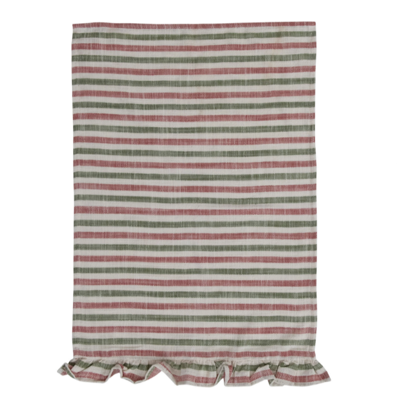 Ruffle Tea Towel - Red & Green Striped