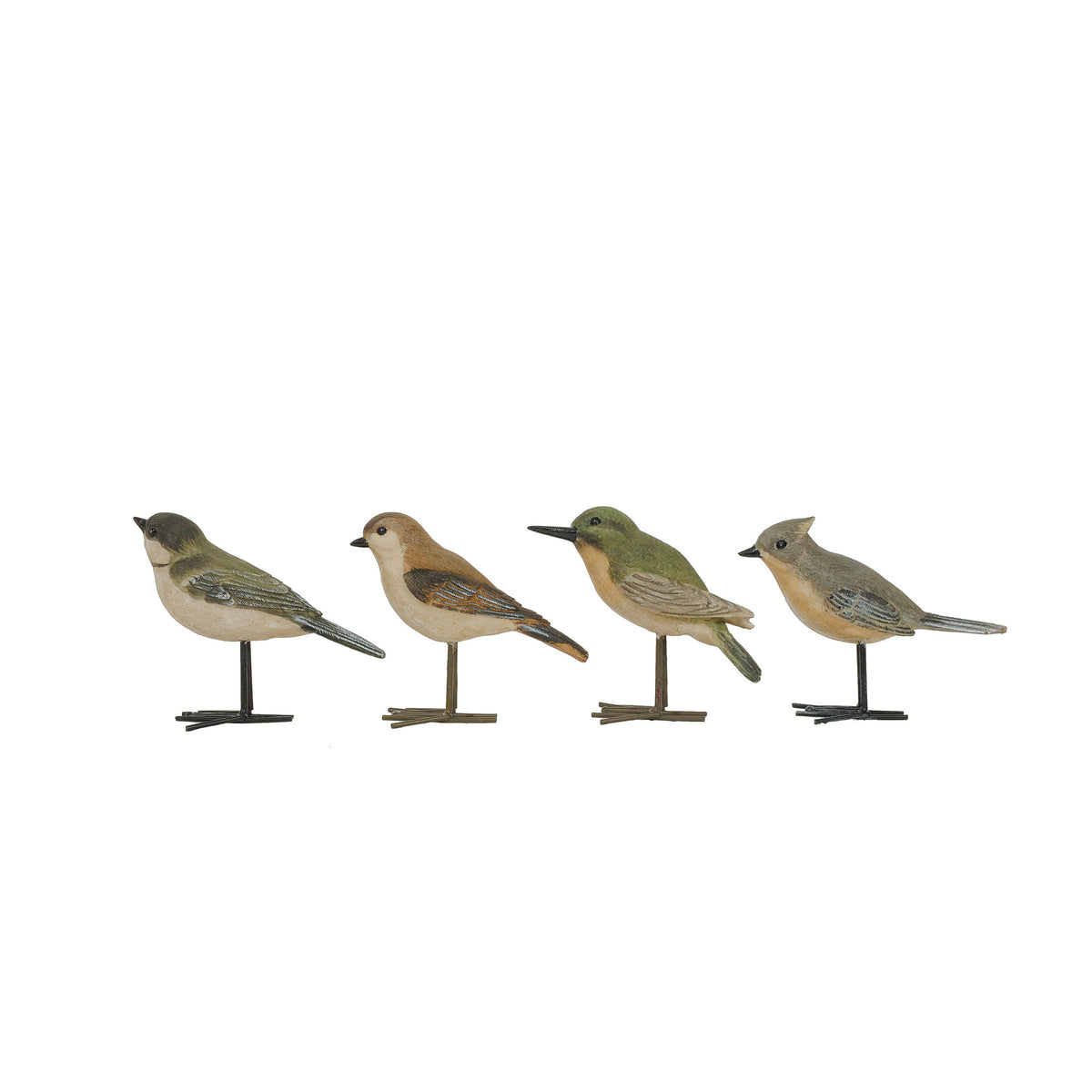 Four bird figurines on a white background