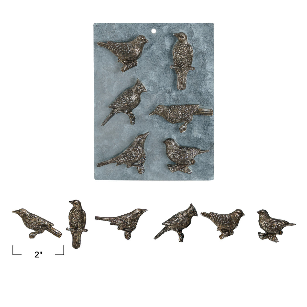 Set of bird-shaped metal decorations on a blue background with a scale indicator.
