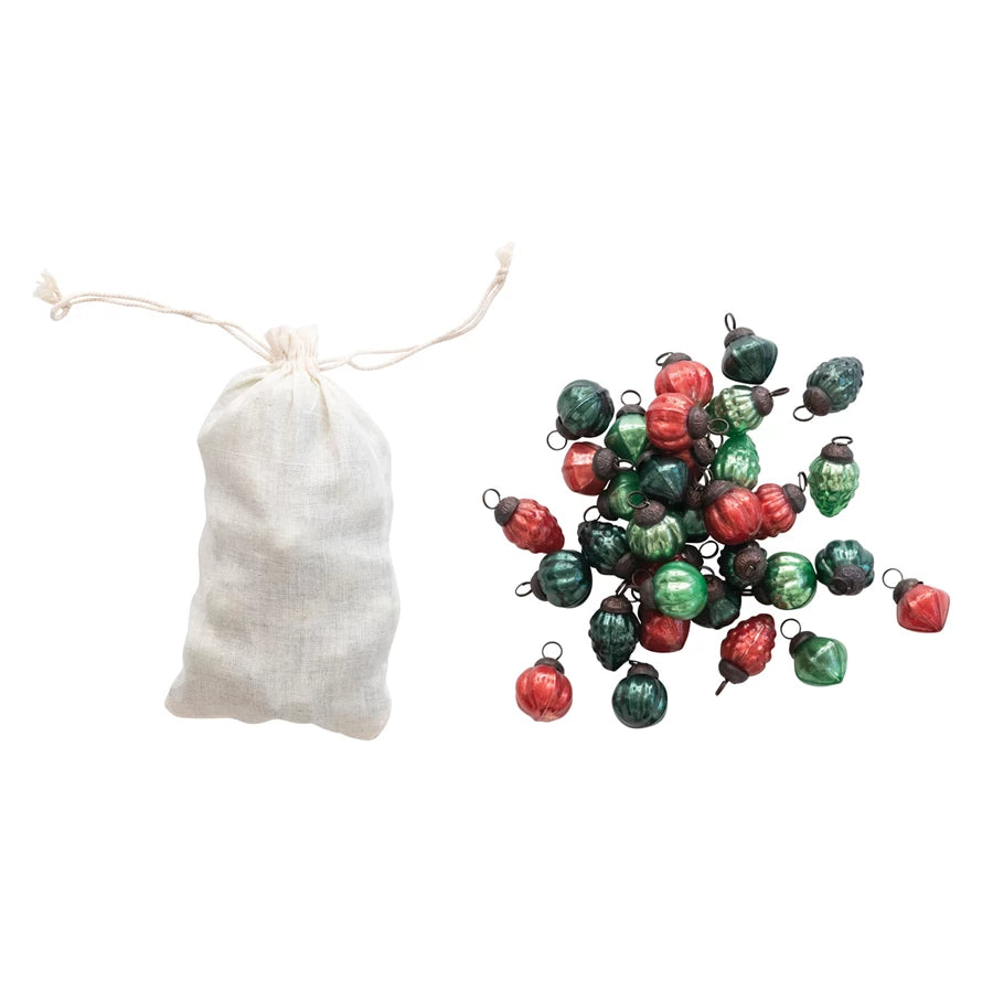 Red & Green Mercury Glass Ornaments - Muslin Bag